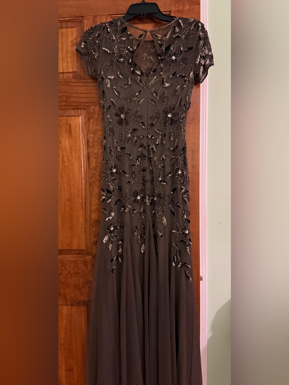 Adrianna Papell Olive Green Beaded Floral Evening Gown